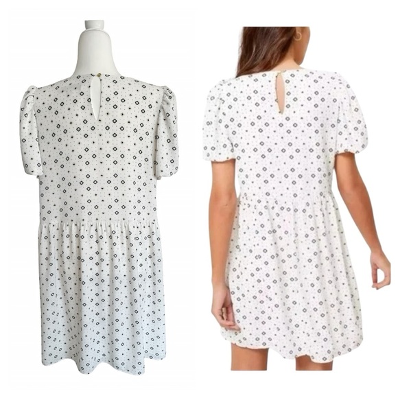 NWOT LOFT Puff Sleeve Babydoll Swing Dress Size 14 White Black Geo Print Lined - Picture 2 of 12